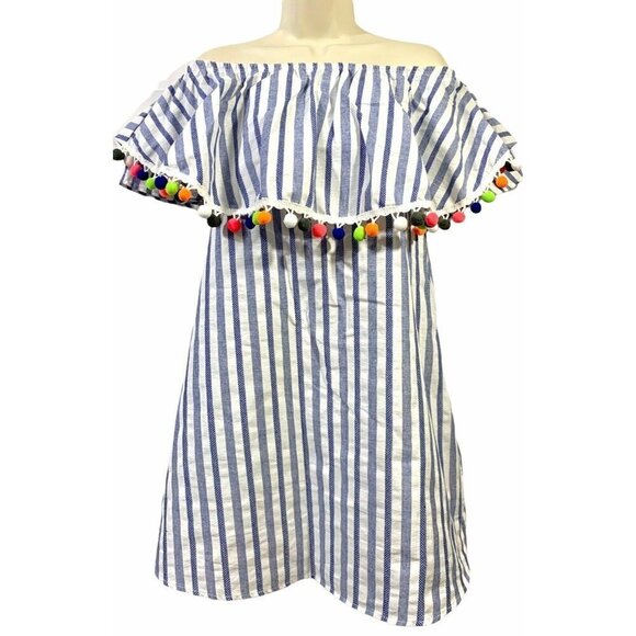 Bellamie Off The Shoulder Tunic Dress Striped Pom Pom Linen Blend Fun Small - Picture 9 of 11